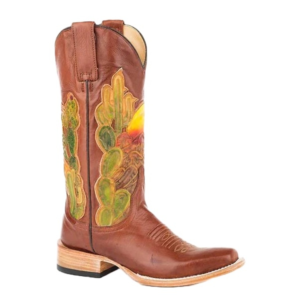 Stetson Ladies Goldie Square Cactus Brown Cowboy Boots LIKE NEW